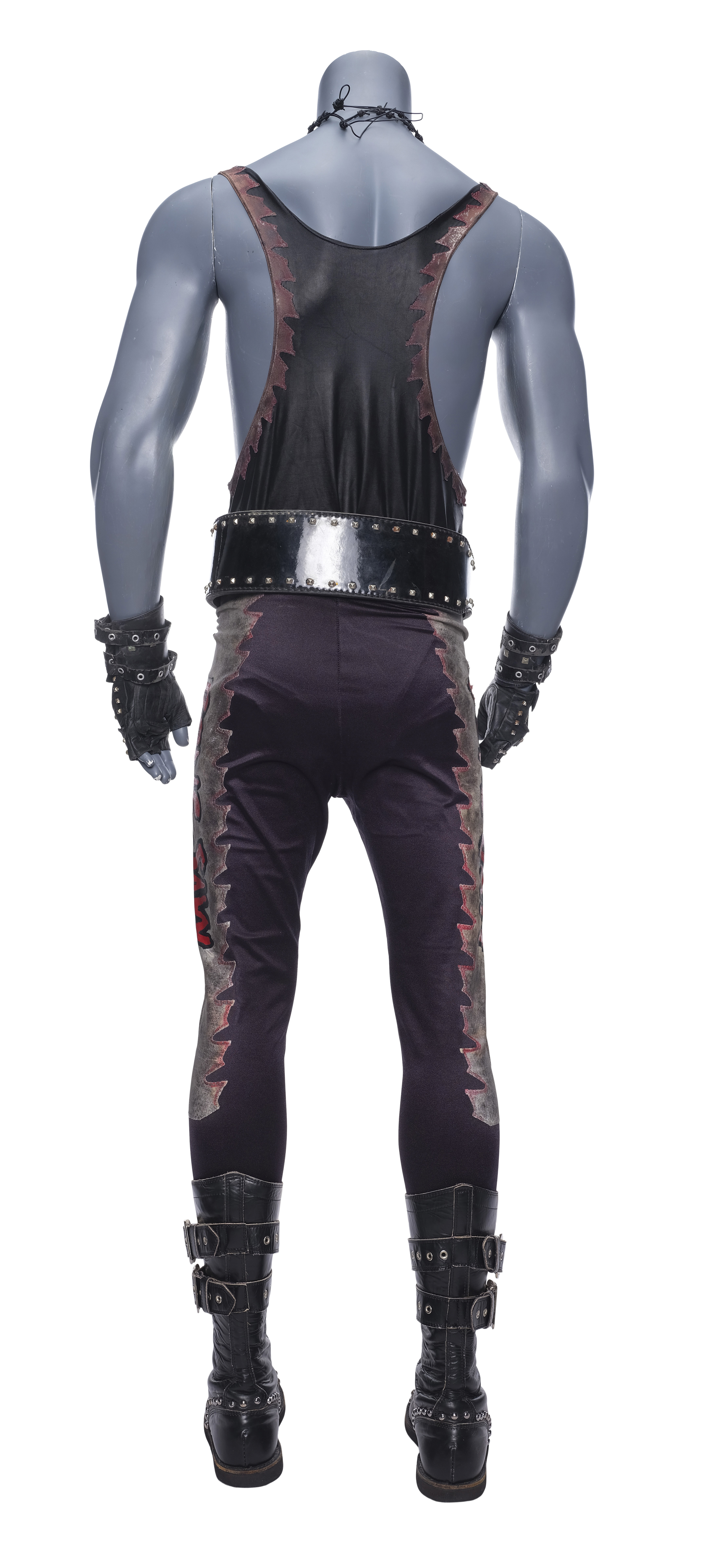 Three-quarter alternate view of the Bone Saw McGraw screen-matched costume from Spider-Man (2002) highlighting jacket shape and layered ensemble worn by Randy "Macho Man" Savage