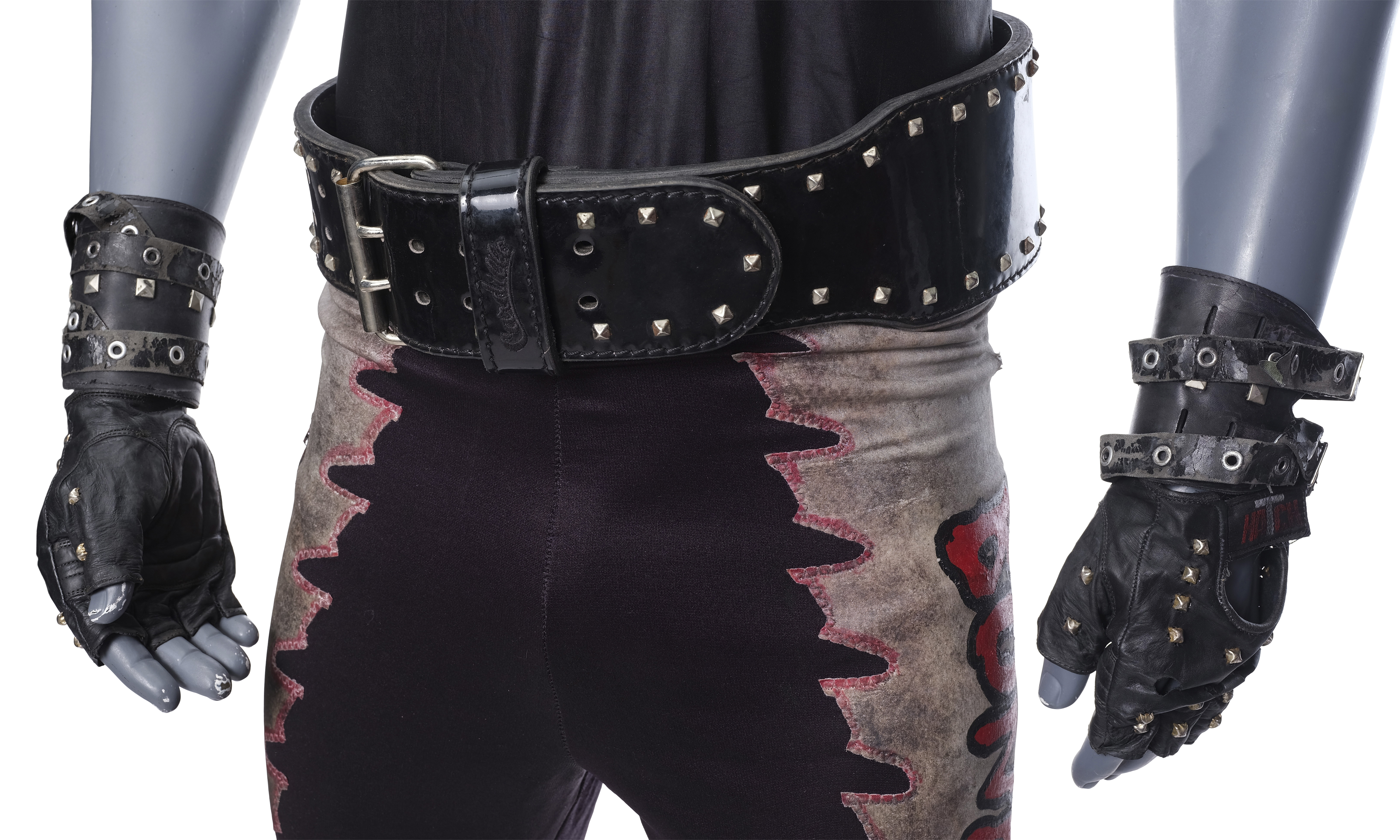 Close-up detail of fabric, texture, stitching and provenance tags on the Bone Saw McGraw screen-matched ensemble worn by Randy "Macho Man" Savage in Spider-Man (2002)