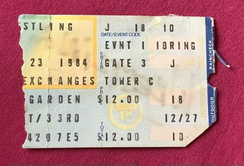 Main front view of original Jan 23 1984 Madison Square Garden ticket stub for Hulk Hogan’s first WWF/WWE Championship win — start of Hulkamania vintage wrestling collectible showing printed event details and venue