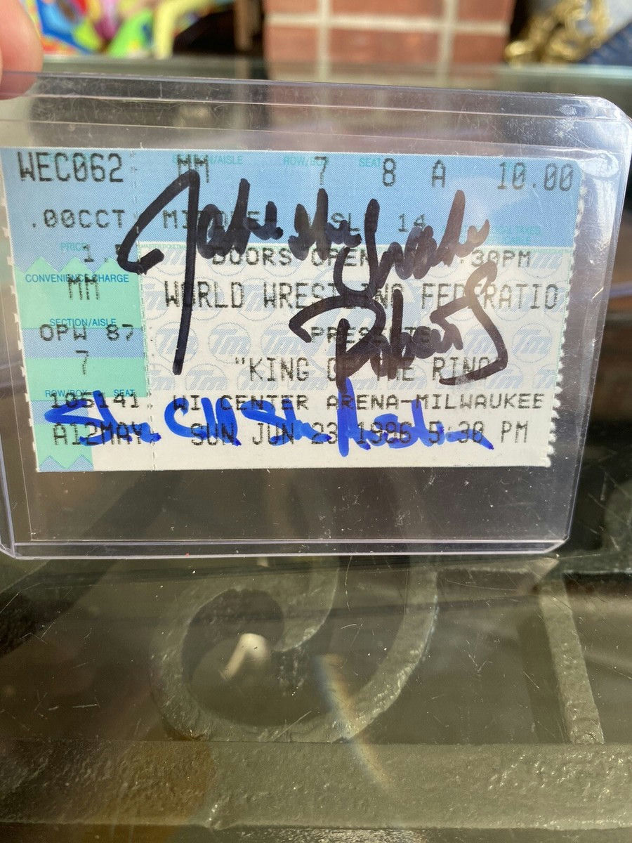 Main front view of 1996 WWF King of the Ring ticket stub signed by Steve Austin and Jake "The Snake" Roberts showcasing the historic "Austin 3:16" moment with visible event date, venue details and clear autograph close-up