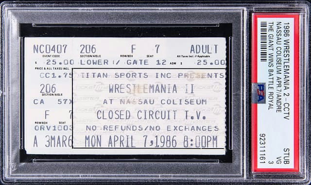 Main front view of April 7 1986 WrestleMania II WWE ticket stub PSA VG 3 graded collectible Goldin auction showing printed event date and original perforated edge