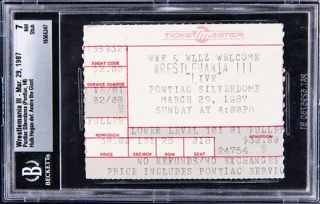 Main front view of March 29, 1987 WrestleMania III ticket stub for Hulk Hogan vs Andre the Giant — BGS NM 7 (Pop 2) vintage WWE collectible, clear front detail showing event text, seating and date information