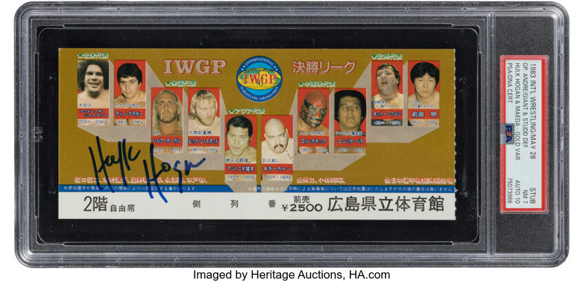 Main front view of 1983 Hulk Hogan signed International Wrestling ticket stub Gold Variation PSA NM 7 and Auto 10 slabbed collectible showing clear autograph signature PSA label and gold variation ticket artwork