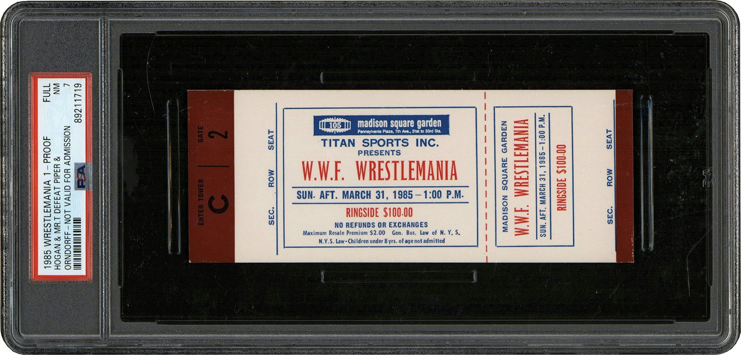Front view of 1985 WrestleMania I full ticket proof PSA NM 7 (none graded higher) vintage WWE inaugural WrestleMania collectible showing event graphics, printed text and overall condition details