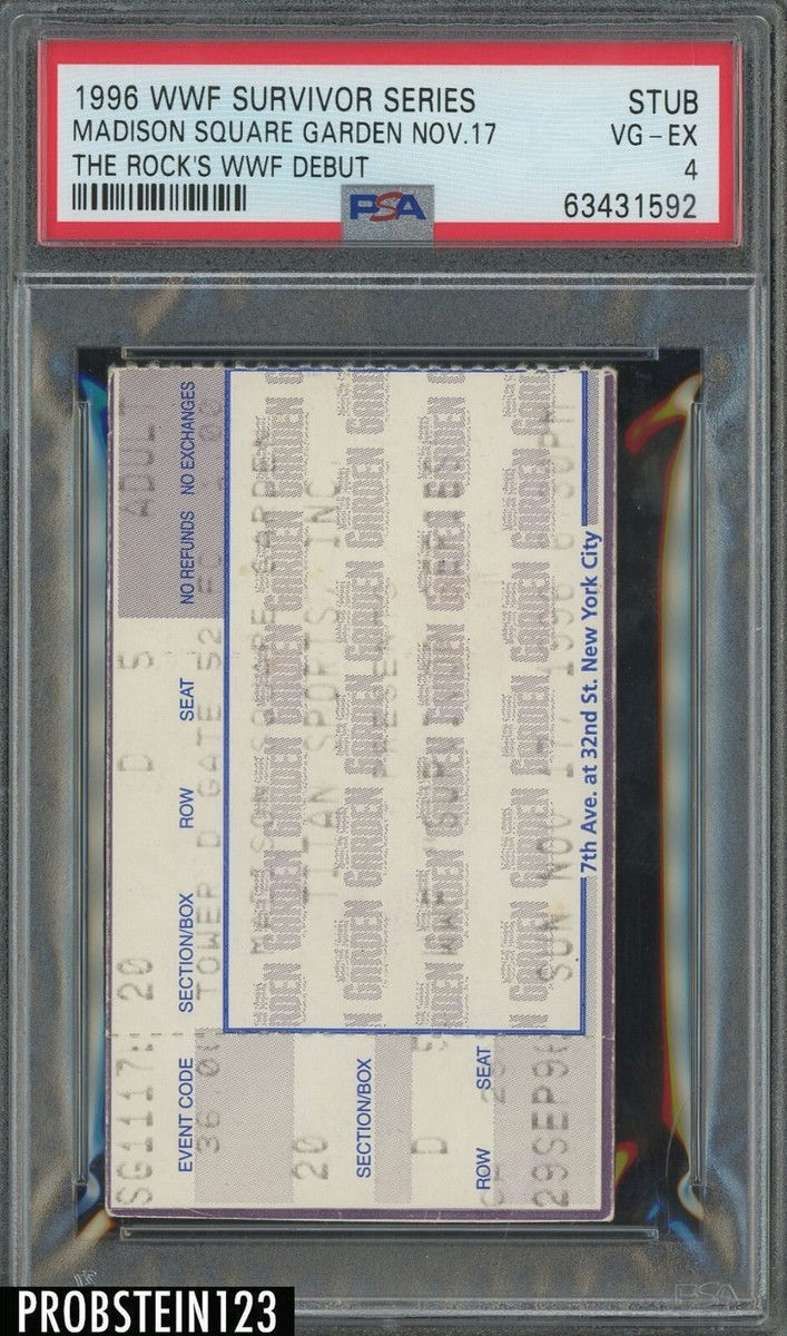 Main front view of The Rock (Dwayne Johnson) WWF debut ticket stub from 1996 Survivor Series at Madison Square Garden PSA certified with certification #41447 showing event details and authentication label