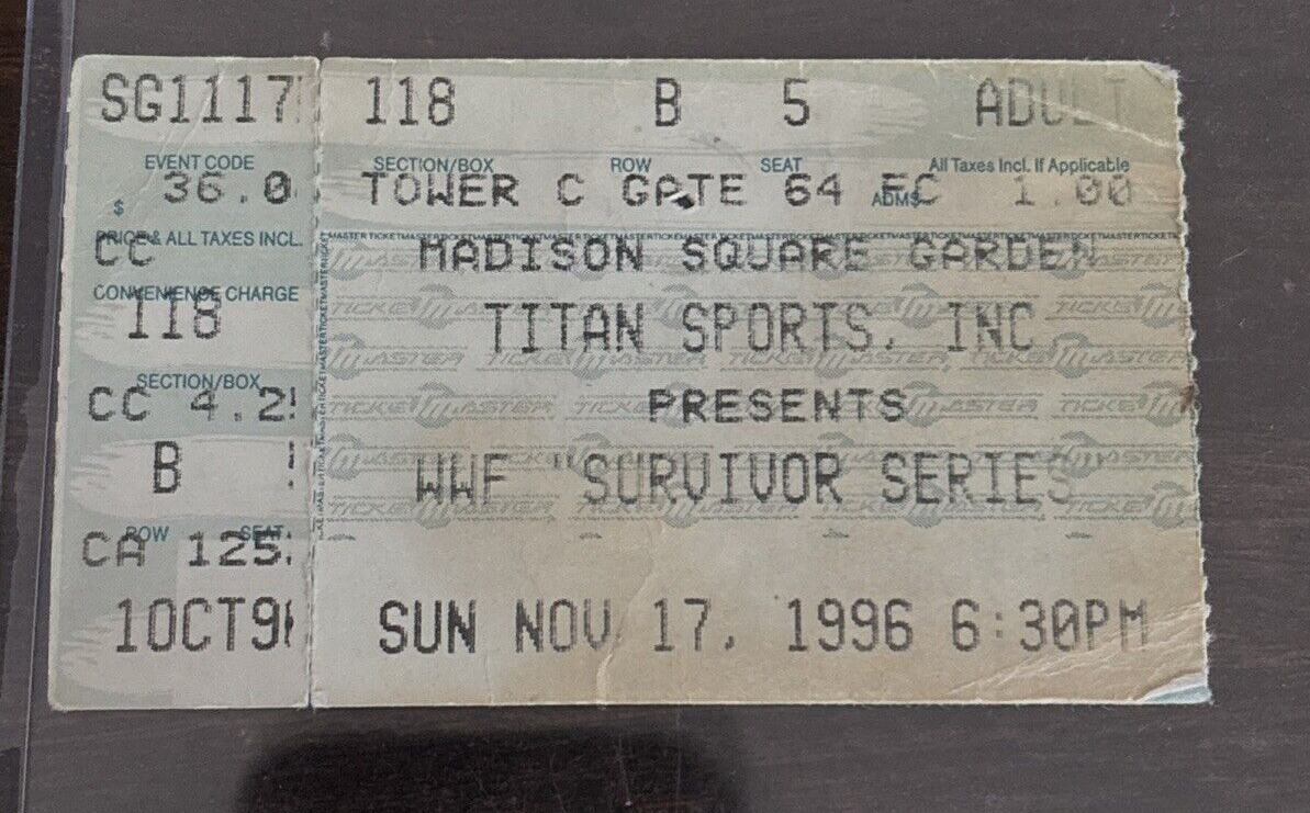 Main front view of 1996 WWF Survivor Series Madison Square Garden ticket — Dwayne "The Rock" Johnson debut collectible, very rare original wrestling event ticket with visible event name, date and venue