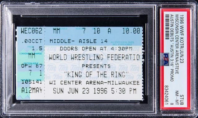 Primary front view of June 23, 1996 WWF King of the Ring ticket stub featuring Steve Austin’s debut and "Austin 3:16" promo — PSA NM-MT 8 graded, Pop 1