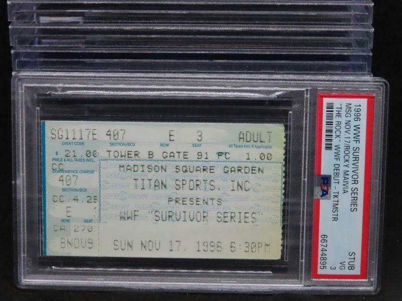 Main front view of 1996 WWF Survivor Series Ticketmaster ticket stub for The Rock WWE debut PSA 3 graded collectible showing event name Survivor Series 1996 date seating section Ticketmaster barcode and clear PSA encapsulation label vintage wrestling memorabilia