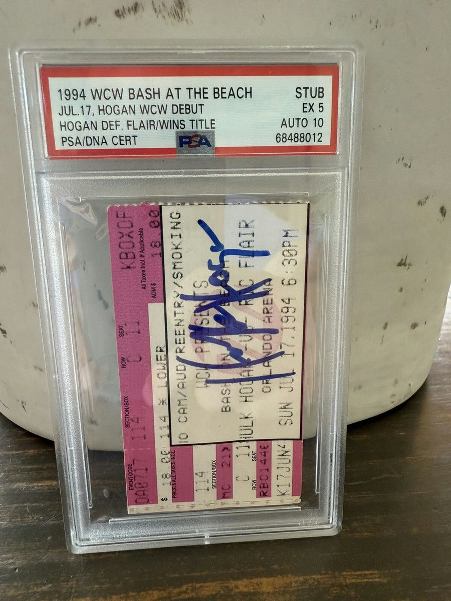 Front view close-up of Hulk Hogan 1994 WCW Bash at the Beach debut ticket stub autographed by Hulk Hogan PSA authenticated Certification 51237 collectible wrestling memorabilia