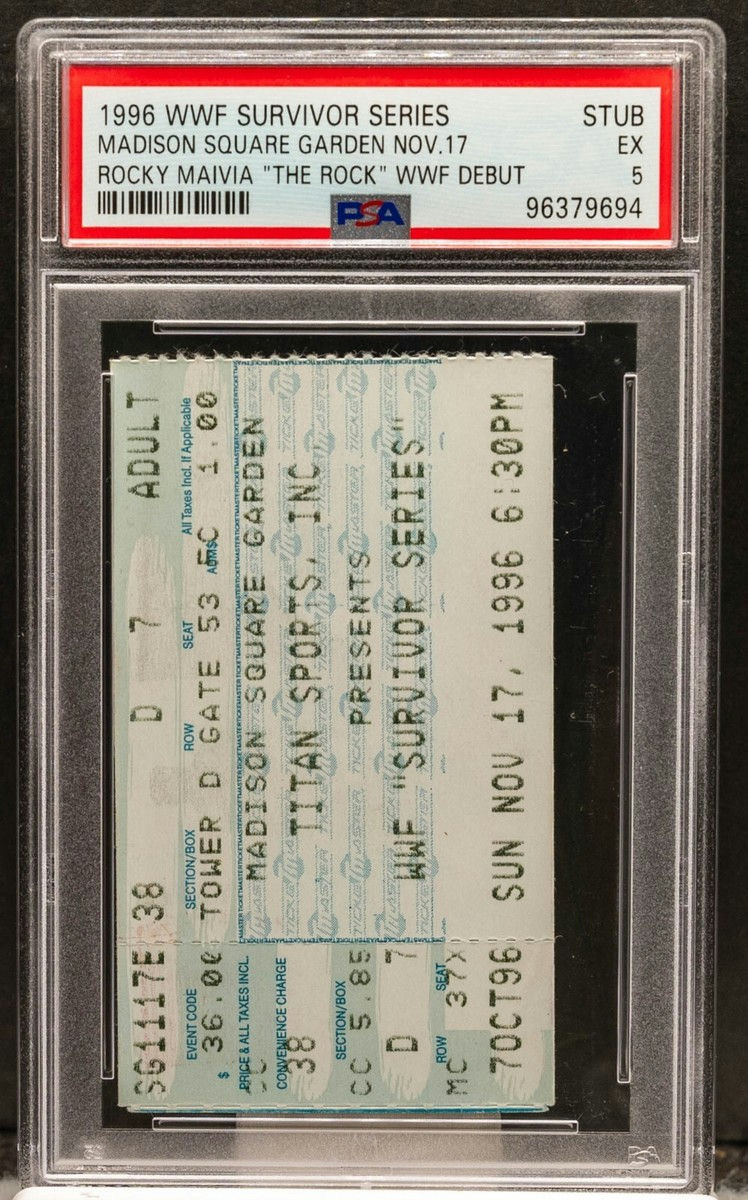 Primary front view of 1996 Survivor Series Madison Square Garden ticket stub featuring The Rock (Rocky Maivia) WWF debut — PSA Graded 5, certification #51079, close-up showing event printing, seat info and ticket condition