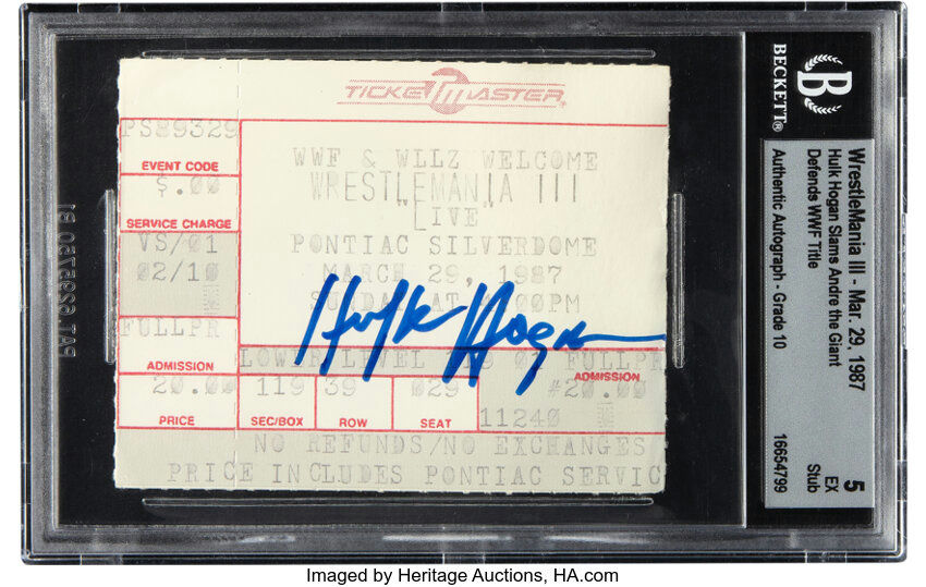 Main front view of 1987 WrestleMania III ticket stub depicting Hulk Hogan slamming Andre the Giant, signed by Hulk Hogan, Beckett graded EX 5 with autograph graded 10, WWE collectible ticket stub from Heritage Auctions