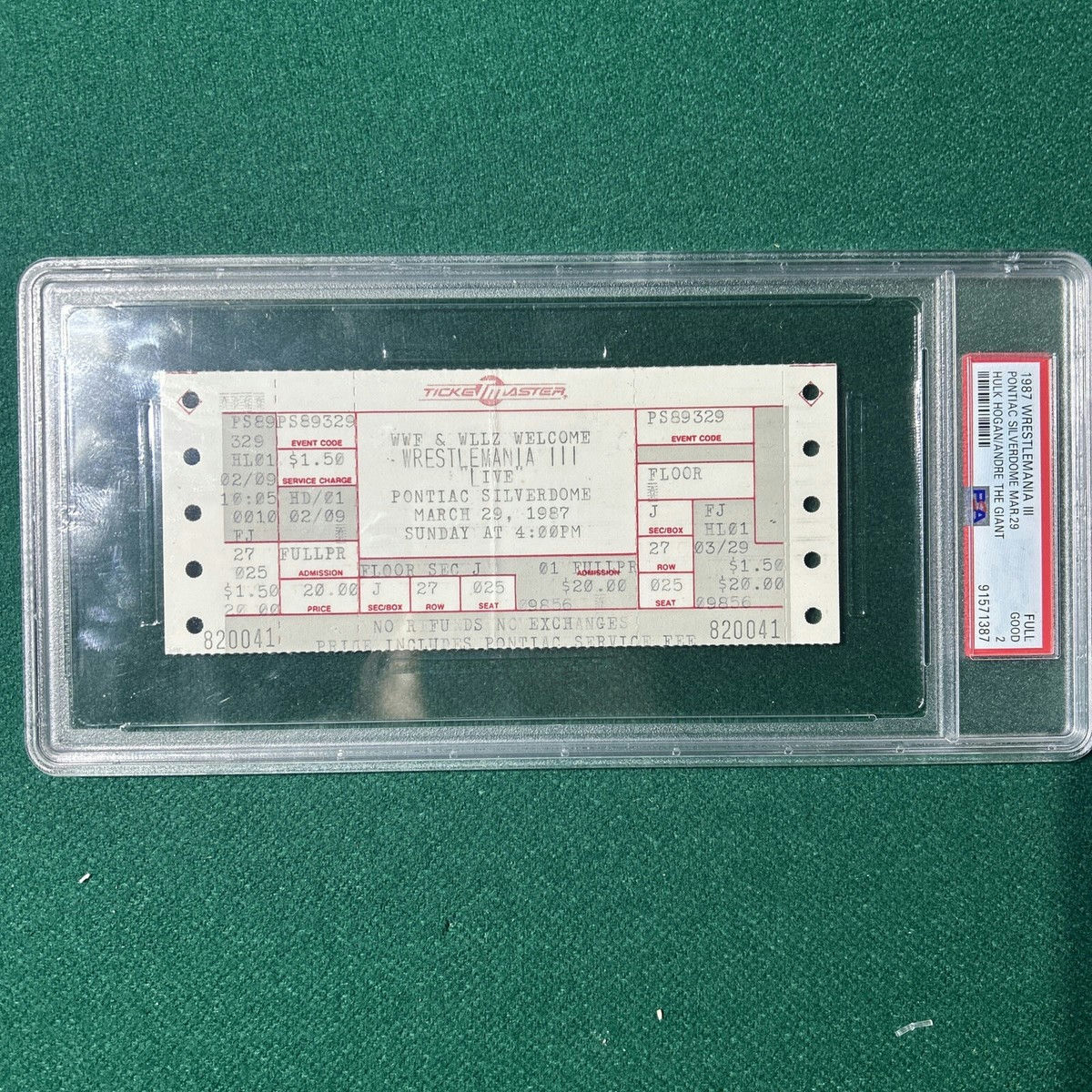 Main front view of 1987 WWF WrestleMania III full ticket stub PSA Graded 2 featuring Hulk Hogan vs. Andre the Giant iconic match collectible with visible graded holder and vintage edge wear