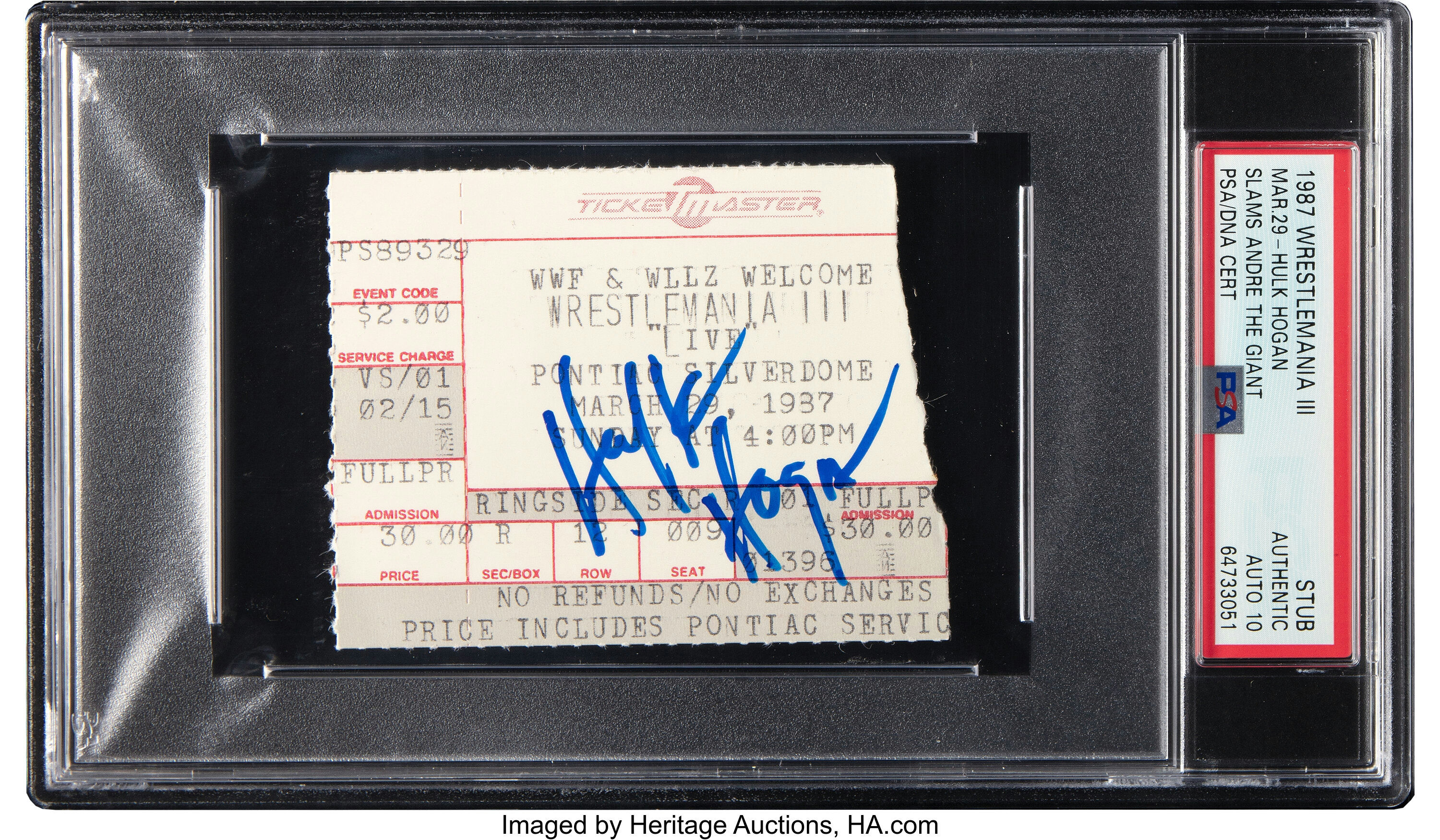 Main view of 1987 WrestleMania III ticket stub signed by Hulk Hogan displaying event and seating details with bold, PSA‑authenticated autograph graded 10 for a high-grade WWE collectible