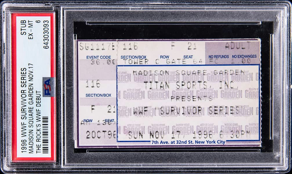 Main front view of The Rock WWF debut ticket stub Nov 17 1996 Survivor Series Madison Square Garden PSA EX-MT 6 graded collectible featuring event text seating info and PSA certification label