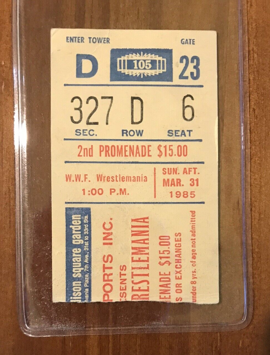 Main front view of original March 31, 1985 WrestleMania I ticket stub from Madison Square Garden featuring Hulk Hogan, Mr. T and Roddy Piper vintage collectible