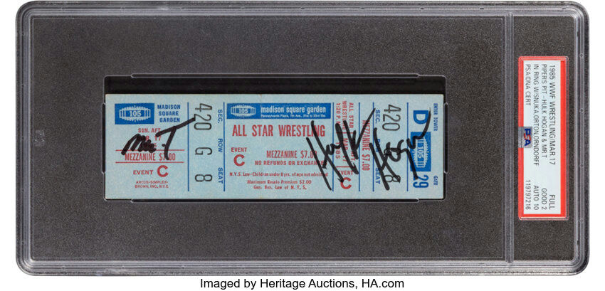 Main front view of 1985 All Star Wrestling full ticket signed by Hulk Hogan and Mr. T — PSA certified, graded Good 2 with autographs PSA Auto 10, superior of two PSA-signed examples, vintage WWE collectible ticket