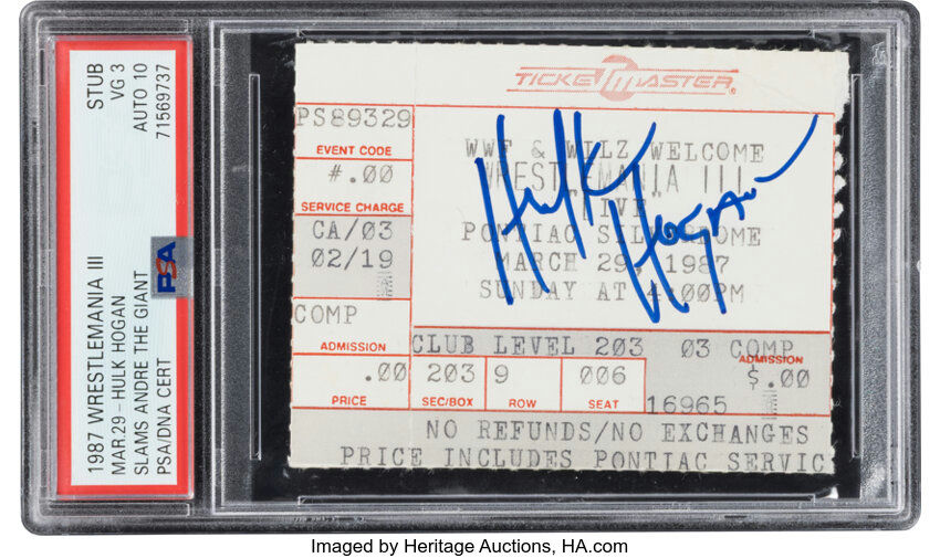 Front view of 1987 WrestleMania III ticket stub for Hulk Hogan slams Andre the Giant signed by Hulk Hogan, PSA graded VG 3 with autograph graded Auto 10, pop 7 (8 higher) showing event details, Hogan signature close-up and PSA holder for wrestling memorabilia