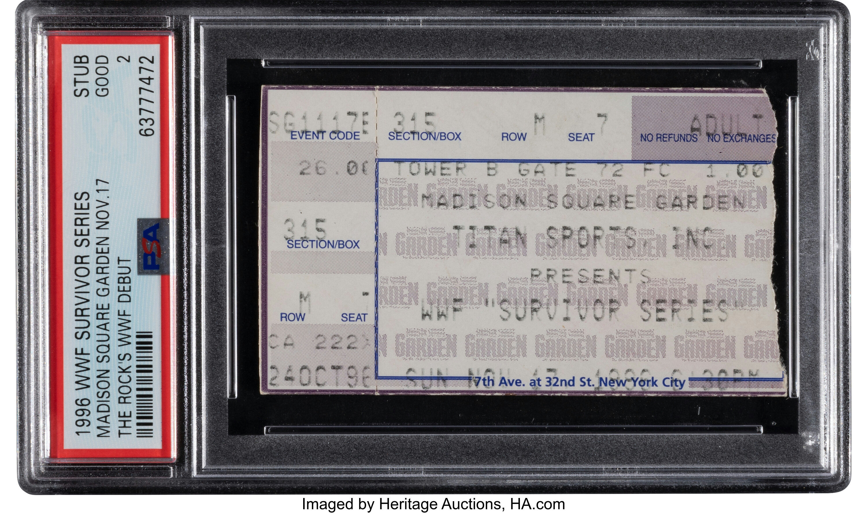 Main front view of 1996 WWF Survivor Series ticket stub — Rocky Maivia (The Rock) WWE debut at Madison Square Garden Nov 17, 1996, PSA encapsulated Good 2 with event text and seating information visible, Heritage Auctions lot sold Jul 22, 2022 for $4,920