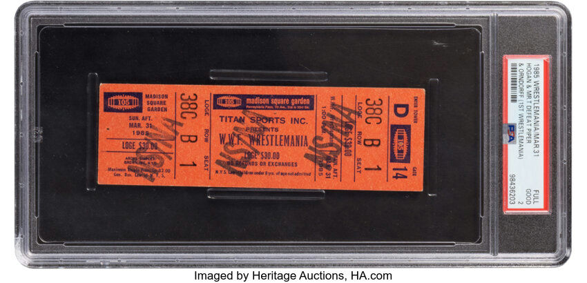 Main front view of 1985 WrestleMania I full ticket — PSA Good 2 graded WWE collectible for Hulk Hogan & Mr. T defeating Rowdy Roddy Piper & “Mr. Wonderful” Paul Orndorff, inaugural WrestleMania memorabilia, PSA Population 1 with one higher graded example