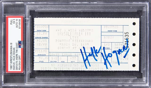 Main front view of March 29, 1987 WrestleMania III full ticket signed by Hulk Hogan depicting Hogan defeating André the Giant; PSA EX 5 graded ticket with PSA/DNA GEM MT 10 authenticated signature — 1987 WWE collectible