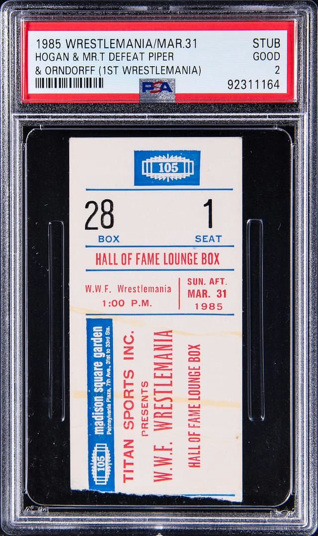 Main front view of March 31, 1985 WrestleMania I original ticket stub — PSA GD 2 graded collectible featuring Hulk Hogan vs. Mr. T main event with Roddy Piper and Paul Orndorff billing, vintage WWE 1985 event ticket close-up