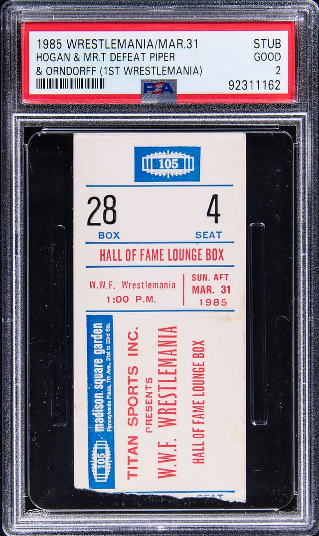 Main front view of March 31, 1985 WrestleMania I ticket stub (Madison Square Garden) featuring Hulk Hogan & Mr. T vs Paul Orndorff & Roddy Piper, PSA GD 2206 authenticated vintage WWE collectible ticket