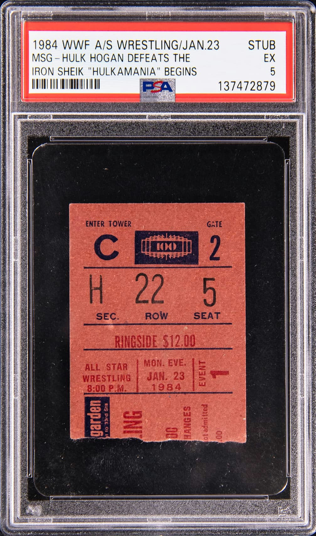 Main front view of Jan 23 1984 Hulk Hogan vs Iron Sheik WWF All‑Star Wrestling ticket stub from Madison Square Garden marking Hogan’s first WWE Championship and the birth of “Hulkamania” — PSA EX 5 graded collectible