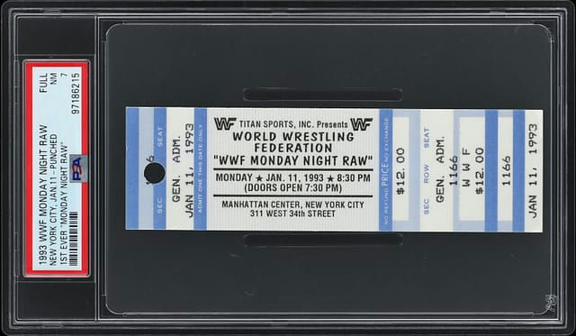 Front view of Jan 11, 1993 WWF Monday Night Raw punched full ticket — 1st ever Monday Night Raw event, PSA NM 7 (Pop 1175), featuring The Undertaker, Shawn Michaels, Yokozuna, The Steiner Brothers, Doink the Clown, Razor Ramon and Max Moon