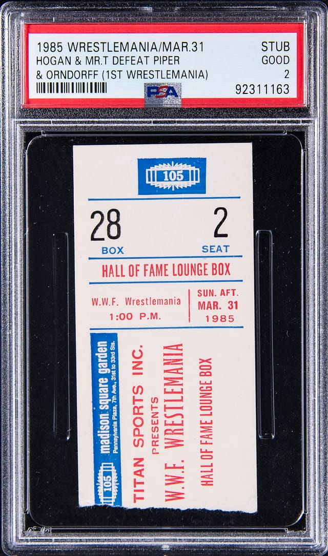 Main front view of March 31, 1985 WrestleMania I ticket stub showing Hulk Hogan & Mr. T vs Paul Orndorff & Roddy Piper event details; PSA GD 2147 graded collectible from Goldin