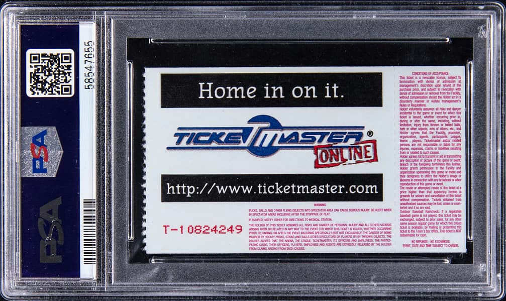 Back detail and close-up of the June 28, 1998 WWF King of the Ring Hell in a Cell ticket stub for Undertaker vs Mankind showing reverse printing, perforation and seat/print information with PSA NM-MT 8 grading noted (Pop 2142)