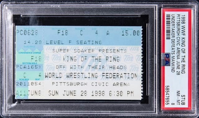 Front main view of June 28, 1998 WWF King of the Ring "Hell in a Cell" ticket stub for Undertaker vs Mankind showing event name, date and matchup; PSA NM-MT 8 graded ticket (Pop 2142)