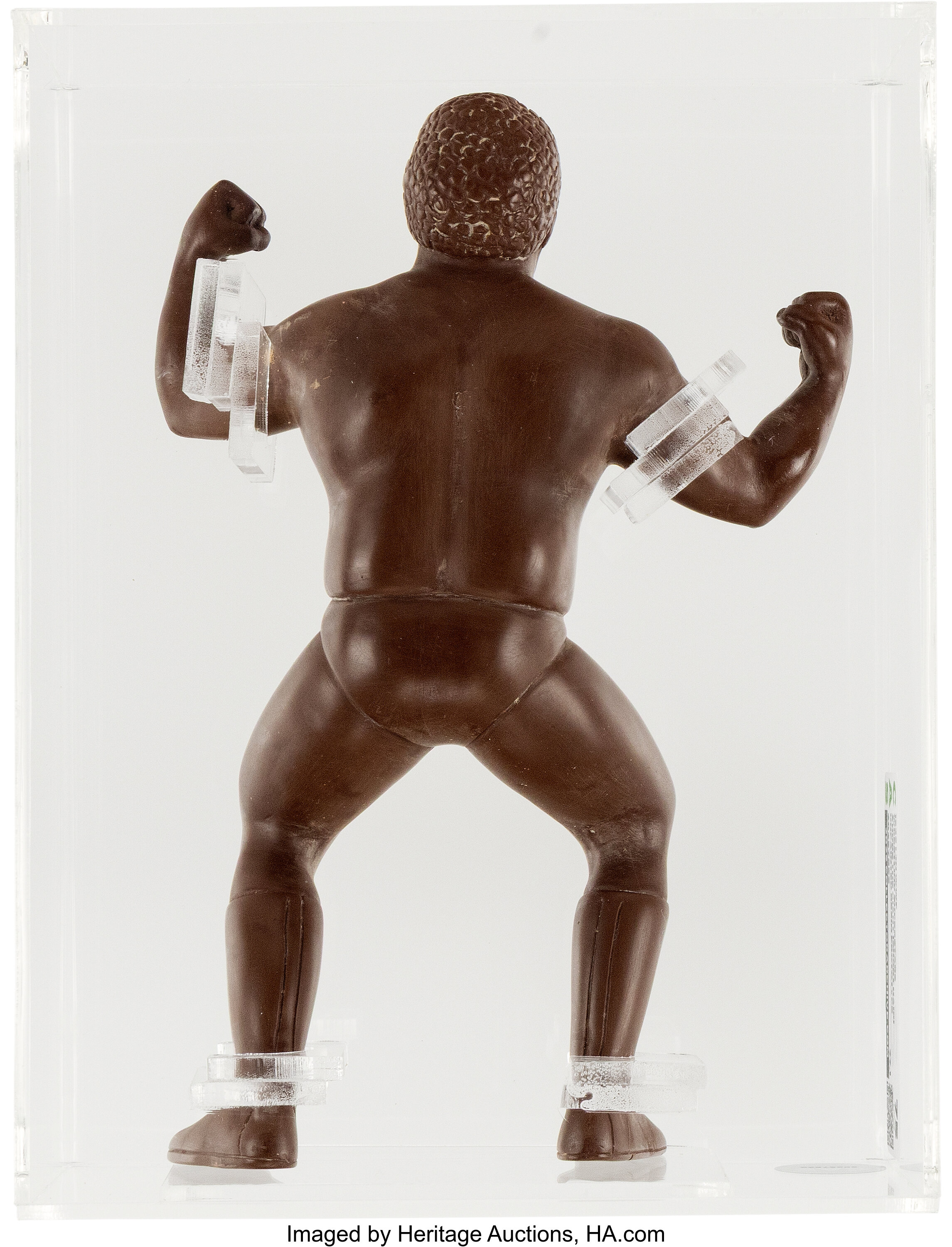 Rear detail view of WWF Wrestling Superstars Andre the Giant Short Hair unpainted prototype showing back sculpt, LJN production markings and outfit molding from the 1986 pre-production sample