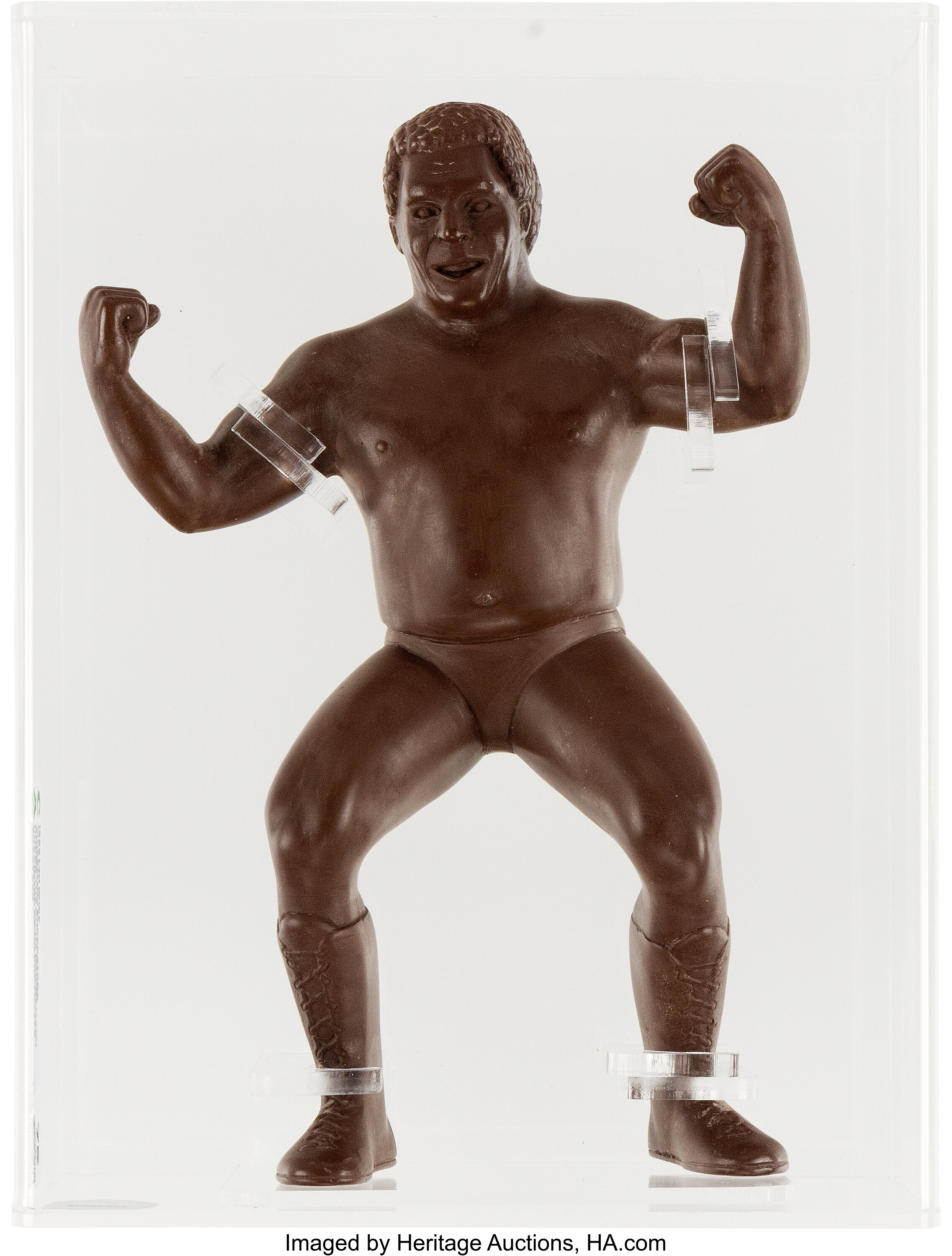 Main front view of WWF Wrestling Superstars Andre the Giant Short Hair 1986 LJN unpainted prototype CAS 75 showing front sculpt, unpainted vinyl and rare pre-production details