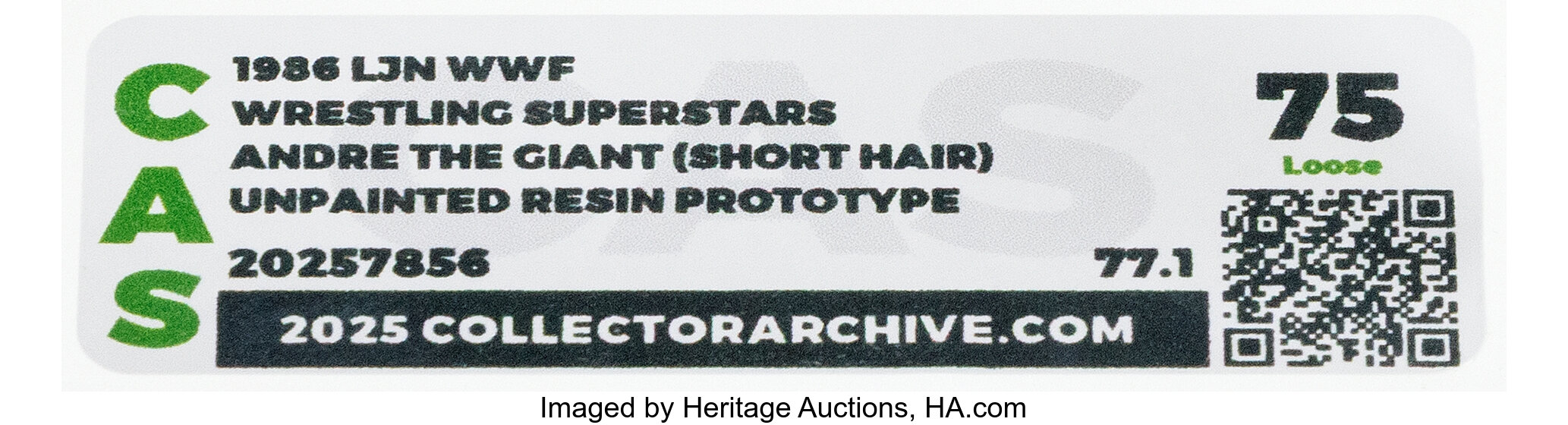 Close-up of CAS 75 graded holder and label for WWF Wrestling Superstars Andre the Giant Short Hair 1986 LJN unpainted prototype highlighting grade, casing and provenance