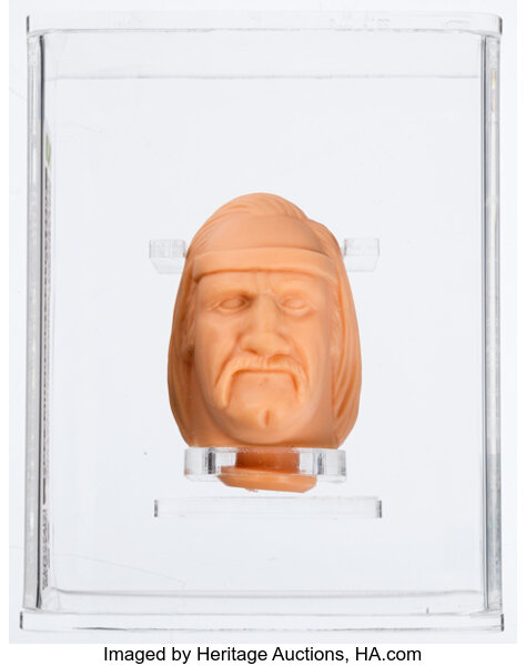 Main front view of WWF Wrestling Superstars Musclegrip Hulk Hogan first shot prototype head by LJN 1987 CAS 95 graded showing facial sculpt and vintage paint details