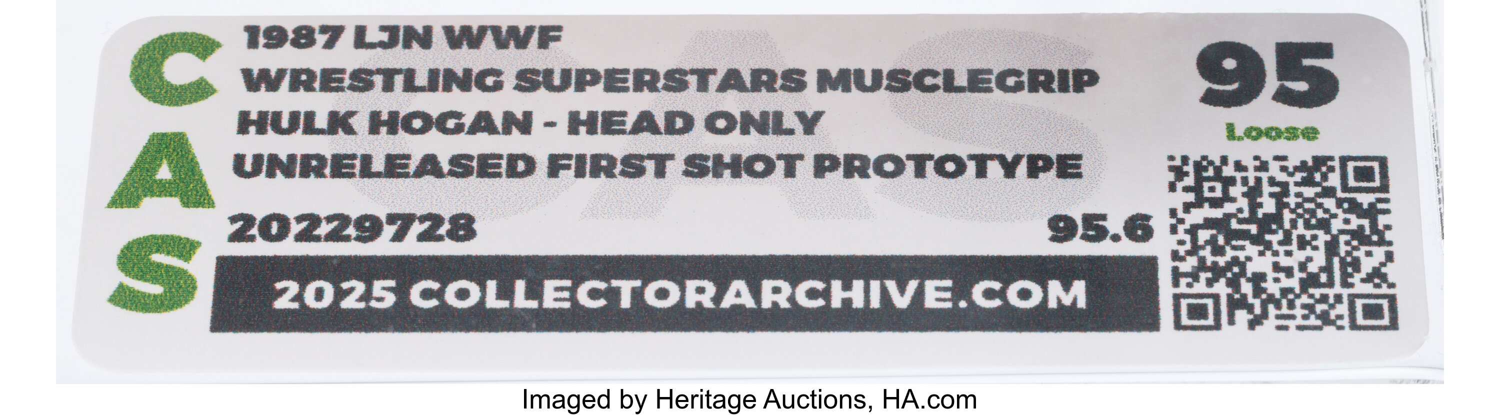 Close-up of the CAS 95 grading holder and label with detailed frontal view of the LJN 1987 WWF Wrestling Superstars Musclegrip Hulk Hogan first shot prototype head, highlighting grading photo and authenticity details