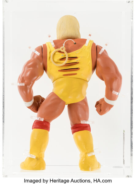 Rear detail view of WWF 12" Talking Hulk Hogan Paint Master prototype (Hasbro, 1991) graded CAS 80 — back-of-figure photo highlighting rear paint application, factory markings and articulation points for condition and authenticity assessment
