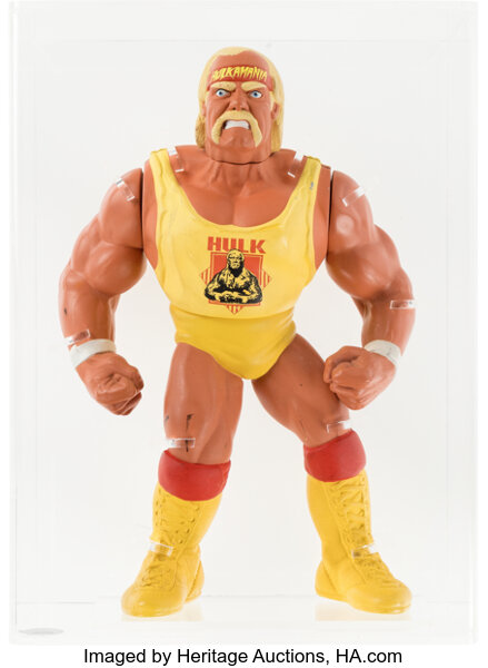Front view of WWF 12" Talking Hulk Hogan Paint Master prototype (Hasbro, 1991) graded CAS 80 — full-body shot showing face sculpt, iconic handlebar mustache and bandana, costume and early production paint-master finish for collectors