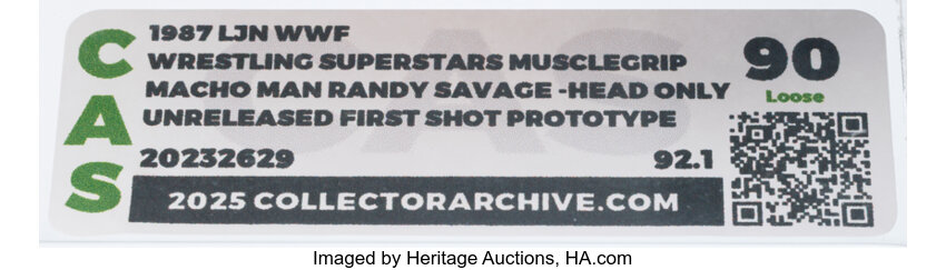 Close-up of CAS 90 grade label and certification for rare LJN 1987 Wrestling Superstars Musclegrip "Macho Man" Randy Savage unreleased first shot prototype head