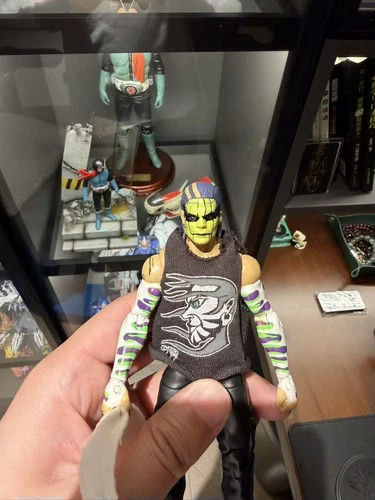 Main front view of rare unreleased WWE Mattel Elite Series 1 Jeff Hardy action figure, authentic Mattel prototype showing detailed face paint and hair sculpt, visible tattoo sculpting, signature ring attire and articulation