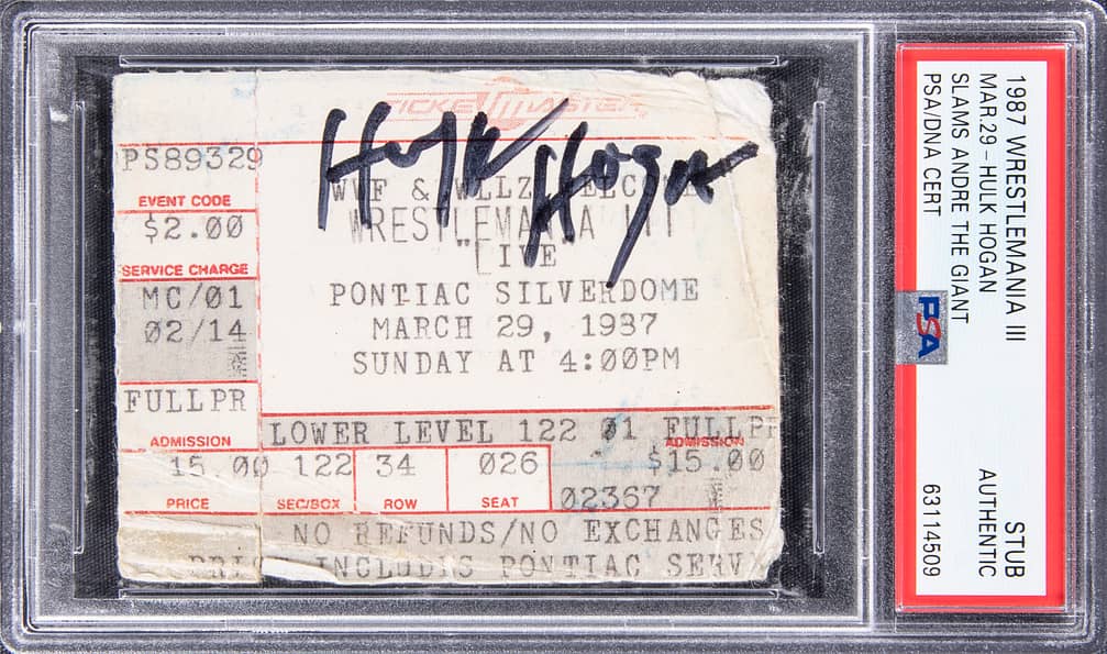 Main front view of 1987 WrestleMania III ticket stub signed by Hulk Hogan — PSA authenticated collectible from the Hogan vs Andre the Giant main event, March 29, 1987