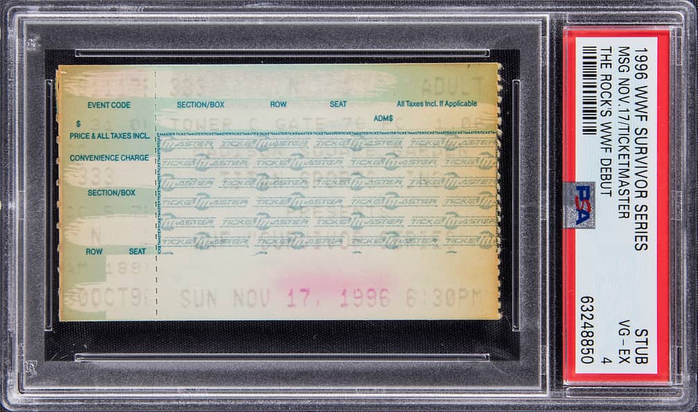 Main front view close-up of 1996 Dwayne "The Rock" Johnson WWF Survivor Series debut ticket stub dated 11/17/1996, PSA VG-EX 4 graded in holder showing event text, date and perforation details, Goldin lot 8715 collectible