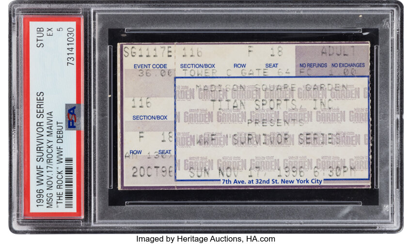 Main front view of 1996 The Rock WWF debut ticket stub — PSA EX 5 (Pop Four, five higher), graded PSA slab showing ticket face with printed event information, perforations and color graphics, high-resolution collector detail