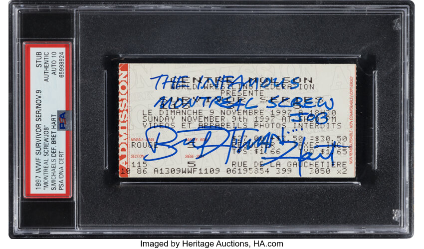 Main front view of 1997 WWE "Montreal Screwjob" ticket stub signed by Bret Hart with visible autograph and PSA Authentic Auto 108994 (Auto 10) showing event printing and Heritage auction provenance