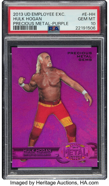 Front close-up of 2013 Upper Deck Employee Exclusive Hulk Hogan Precious Metal-Purple #E-HH PSA Gem Mint 10 graded card — serial #051/125, holographic foil front, iconic Hulk Hogan portrait and PSA slab label visible
