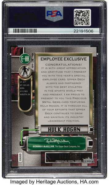 Back detail of 2013 Upper Deck Employee Exclusive Hulk Hogan Precious Metal-Purple #E-HH PSA Gem Mint 10 graded card — reverse artwork and text, limited edition serial #051/125 on card back, PSA certification and slab edges visible