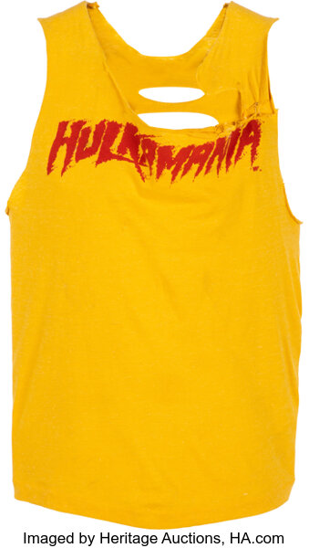 Main front view of 1986 Hulk Hogan match-worn shirt from Richmond Virginia house show showing front graphics and authentic ring wear with notarized provenance