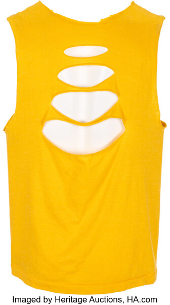 Back and side detail of 1986 Hulk Hogan match-worn shirt showing seam stress sweat staining and aged fabric from live match use