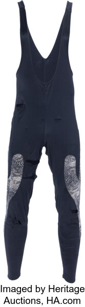 Main front view of 1992–95 Mick Foley "Cactus Jack" IWA Japan King of the Death Match multi-promotion match-worn wrestling tights with direct handwritten provenance from Foley