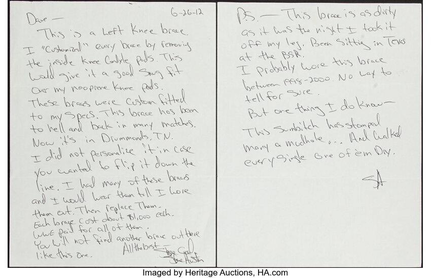 Provenance shot of the accompanying letter from Stone Cold Steve Austin confirming use of the knee brace during his 1998 historic run and noting its appearance on WWE's Most Wanted Treasures with Heritage auction provenance